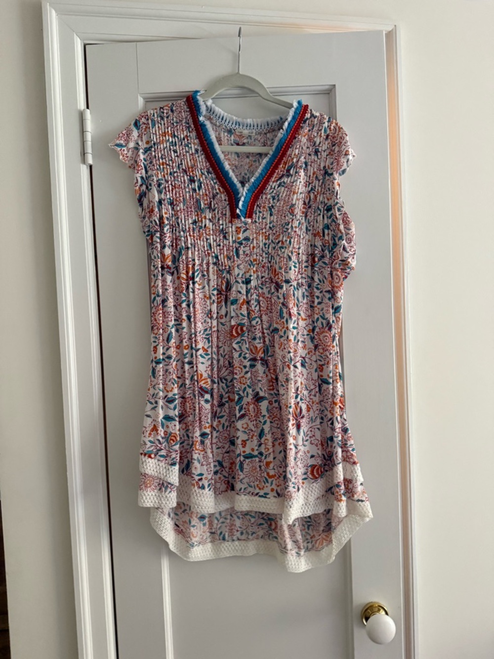 Poupette St. Barth Multicolor Floral Blouse with Fringe Neckline